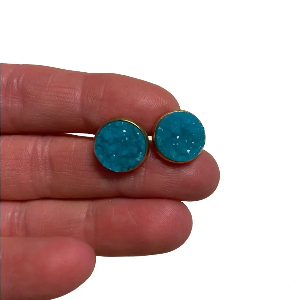 Blue Drusy Druzy Quartz Stud Pierced Earrings Gold tone halo Womens Jewelry